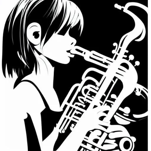 Image similar to an ink drawing of a tech punk girl playing the saxophone by ilya kuvshinov, black and white, white outline, high contrast