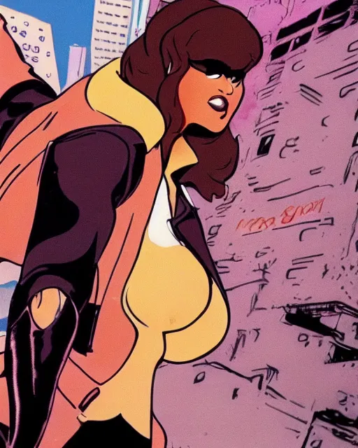 Image similar to portrait of an attractive young female protagonist wearing leather jacket, center focus, in city street, frank miller, ralph bakshi