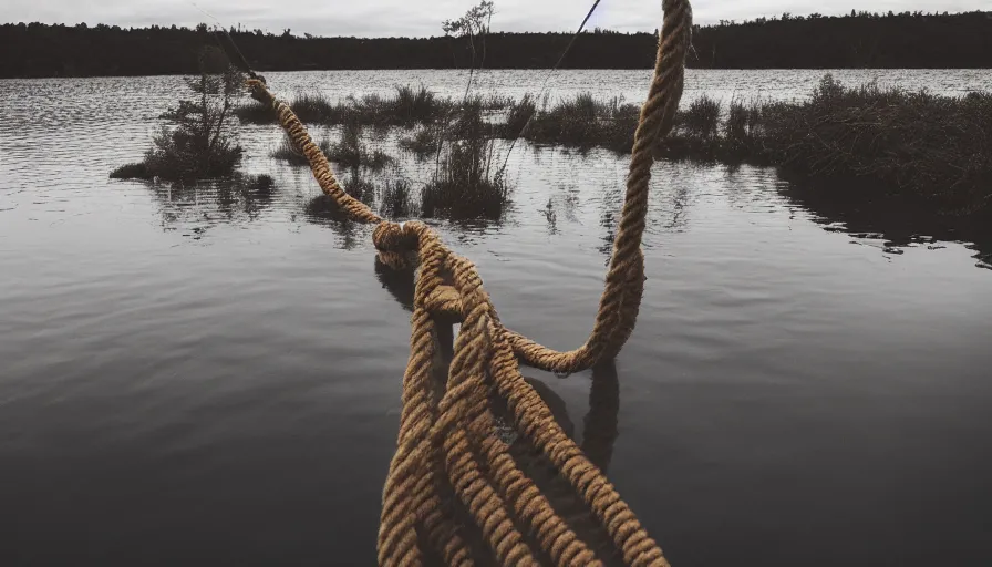 Image similar to wide shot of a bundle of rope on the surface of water, in the middle of a lake, overcast day, rocky foreground, 2 4 mm leica anamorphic lens, moody scene, stunning composition, hyper detailed, color kodak film stock