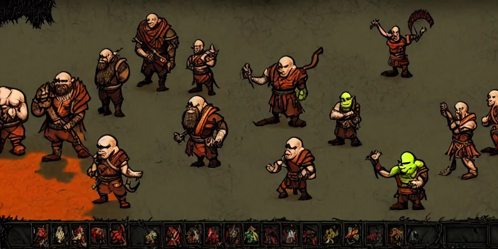 Image similar to shrek, donkey, aynami rei and kratos as characters in darkest dungeon, screenshot from the game, highly detailed, dark atmosphere