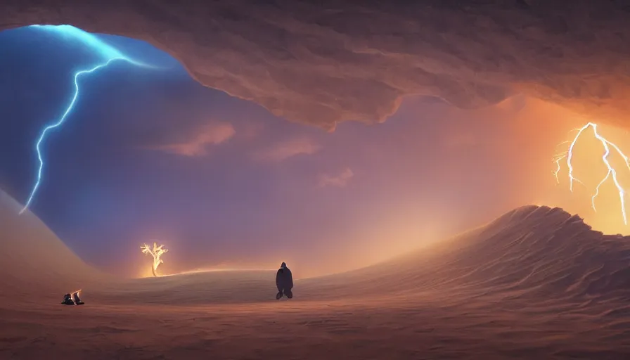 Image similar to a glowing magical portal inside a big wave made of sand fantasy desert, portal, a man watching over, lightning, sandstorm, by caspar david friedrich by james gilleard and justin gerard, artstation, smooth, sharp focus, by jean baptiste, octane render