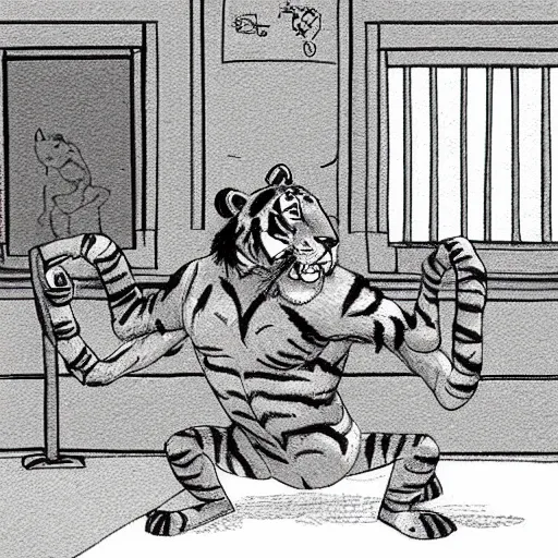 Prompt: A tiger exercising in a gym, cartoon, trending on artstation