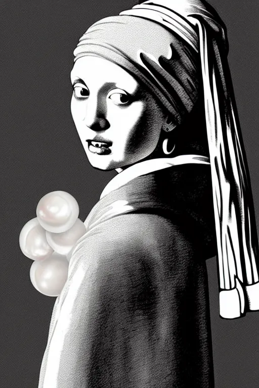 Image similar to beautiful portrait of a woman, negative no not the girl with a pearl earring, highly detailed ink illustration, b & w clean shaped illustration by kim jung gi, ric estrada, ron english and eiichiro oda