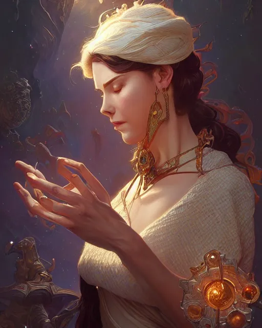 Image similar to the designer of the universe, deep focus, d & d, intricate, elegant, highly detailed, digital painting, artstation, concept art, matte, sharp focus, illustration, hearthstone, art by artgerm and greg rutkowski and alphonse mucha