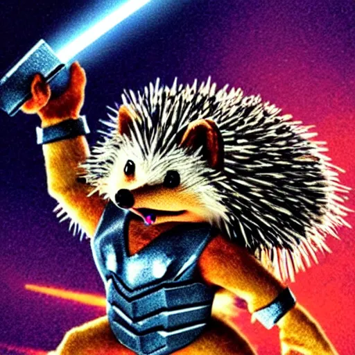 Image similar to the hedgehog thor ~ holding his hammer ~ dramatic thunder background ~ fighting scene ~