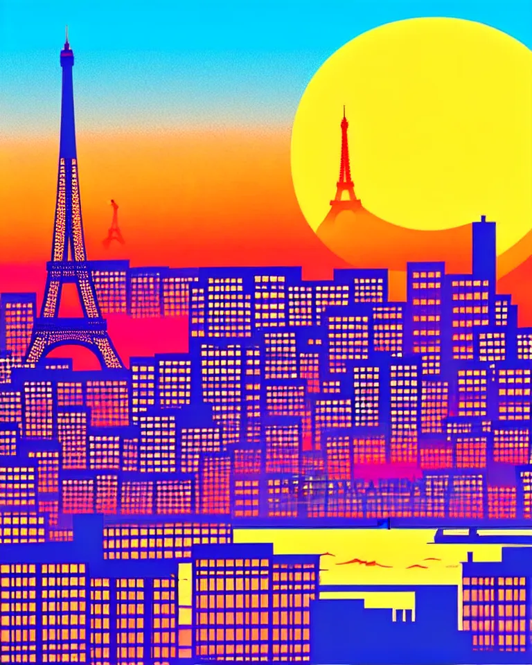 Prompt: gorgeous romantic sunset, cliffside onlooking the beautiful city of paris, warm colors, in the style of hiroshi nagai, very detailed, 8 0 s