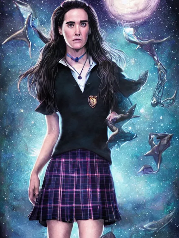 Prompt: full body ultra realistic air spray Jennifer Connelly is a teenage witch in Howards in a girls school uniform with a short tartan skirt, magic overlays glow around her , magic david's star pendant on her cleavage, mysterious tattoo in her shoulder, mystique, D&D, fantasy illustration, highly detailed, digital art, intricate, high detailed, painted by artgerm, guweiz, artstation, digital painting, character design, trending on artstation, smooth, sharp focus