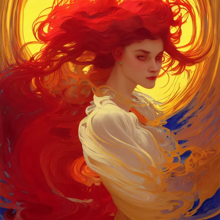 Prompt: Fool is a hue created with swirls of yellow gouache, joyous red, and a daub of crystalline ultramarine, intricate, highly detailed, digital painting, artstation, concept art, smooth, sharp focus, illustration, Unreal Engine 5, 8K, art by artgerm and greg rutkowski and alphonse mucha