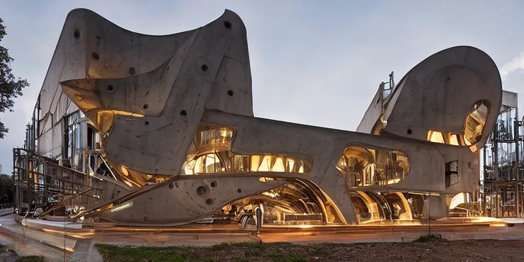 Prompt: wide angle photo of futurist building inspired by a fast 1 9 2 0 locomotive. industrial revolution. formed concrete with copper inlay. late evening with reflective pool and glowing lights. bella hadid. highly reflective and shiny. frank loyde wright