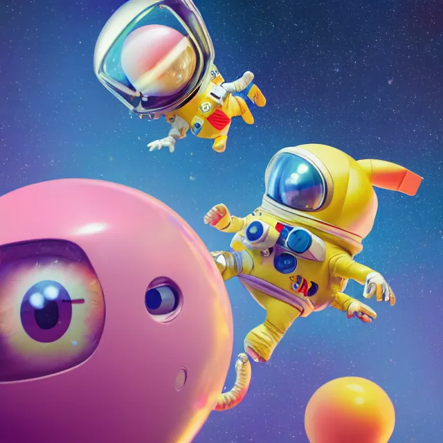 Image similar to a cute astronaut, pixar animation style, soft colors, by jeff koons, by lisa frank, octane render, by takashi murakami, colorful, spectral color, 5 d, ultra - hd, mini, volumetric lighting