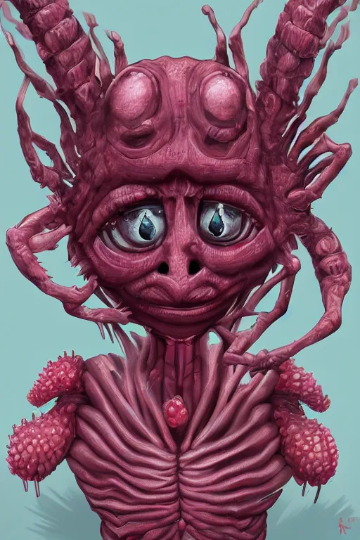 Prompt: a humanoid figure raspberry man monster, large eyes, highly detailed, digital art, sharp focus, trending on art station, anime art style