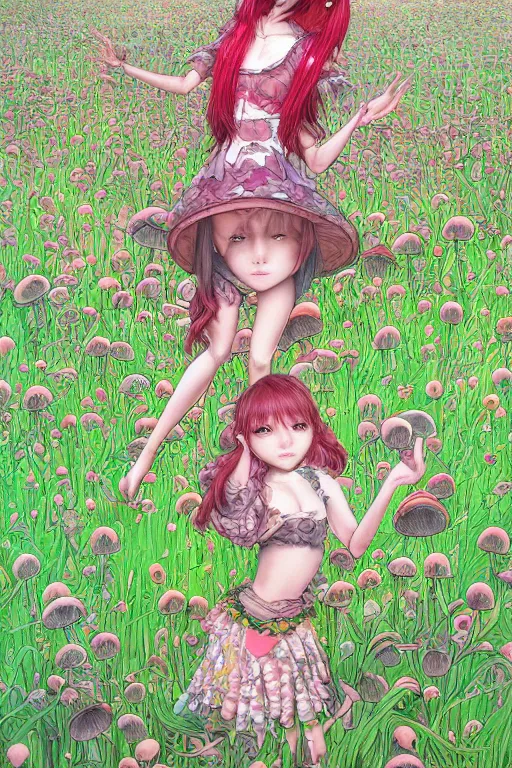 Image similar to yuuka kazami woman standing in a mushroom field, detailed upper body, beautiful face, detailed eyes, by yoshitaka amano, trending on artstation, psychedelic, lsd