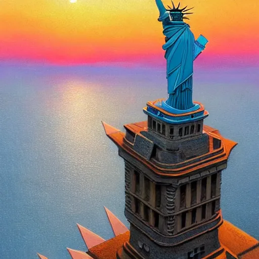 Prompt: very realistic painting of half man half eagle on the statue of liberty, watching the colorful city with highly detailed skyline, sunset, majestic, wonderful, fantasy, by Greg Rutkowski, Trending on Artstation, digital art