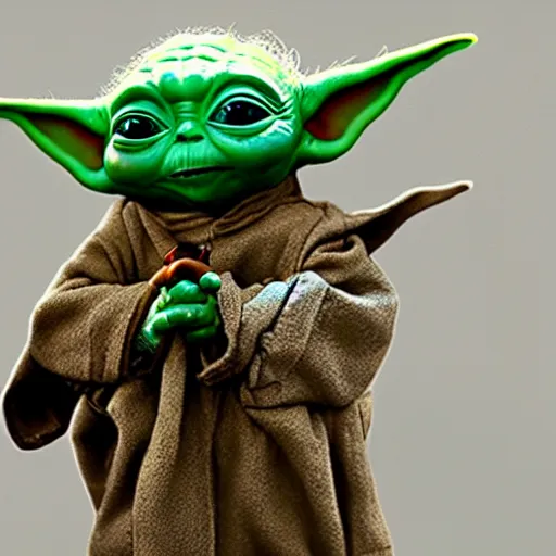 Image similar to baby yoda pointing a gun at you