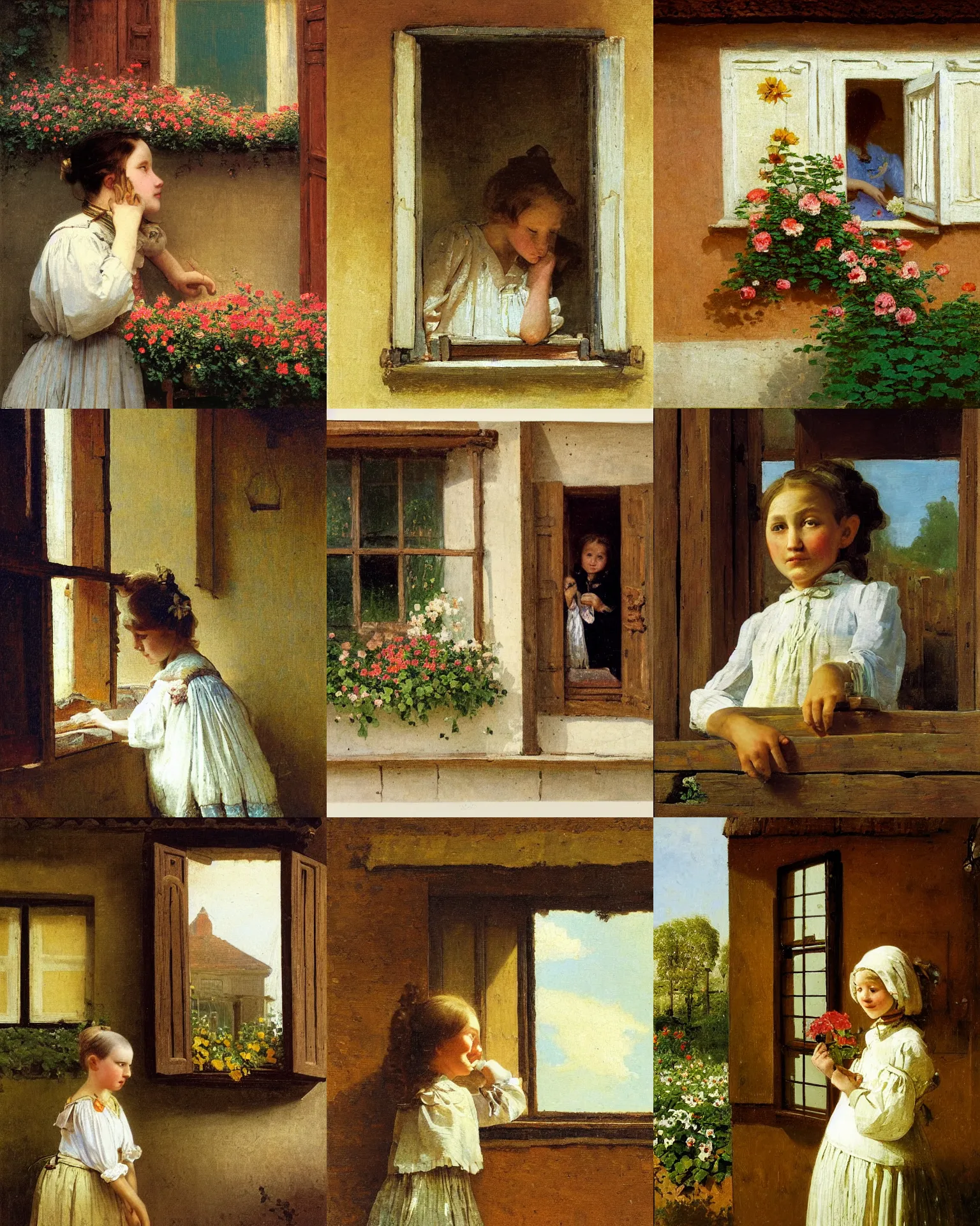 Prompt: girl looking trough window with flower box, timbered house with bricks, sunny, peaceful, by carl spitzweg, frontal close up