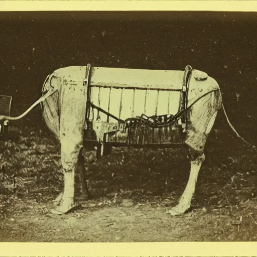 Prompt: grainy 1800s photo of a mechanical animal used to haul goods