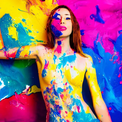 Prompt: potrait of a female model get splash with paint liquid , commercial ads