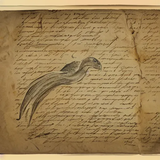 Image similar to vintage parchment with a sketch of a feathered dinosaur with full descriptions, 8K, HD, highly detailed, high quality