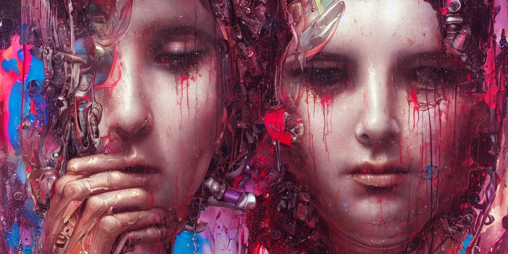 Prompt: portrait of Virgin Mary, melting ,8k,by tristan eaton,Stanley Artgermm,Tom Bagshaw,Greg Rutkowski,Carne Griffiths, Ayami Kojima, Beksinski, Giger,trending on DeviantArt,face enhance,hyper detailed,minimalist,cybernetic, android, blade runner,full of colour, super detailed