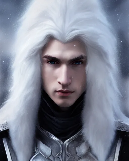 Prompt: portrait, beautiful male elf, long wavy white hair, super detailed, light black armor with silver accenting, silver jewelry, fur lined cape, 8 k, filmic, natural, octane render, moonlight, snow, clouds, artstation, greg rutkowski, rossdraws, william bouguereau, sharp focus