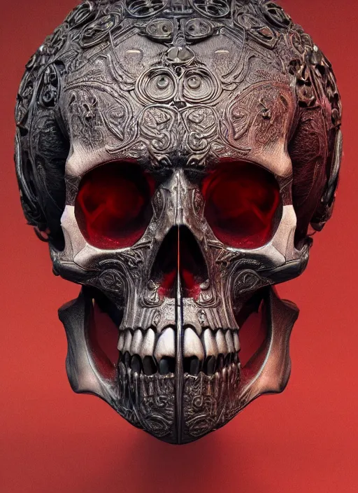 Image similar to 3d render ultra detailed of a skull, art deco, steam punk, intricate details, hyperrealistic, ultra detailed, elegant, octane render, black and red, 8k, trending on Artstation, unreal engine