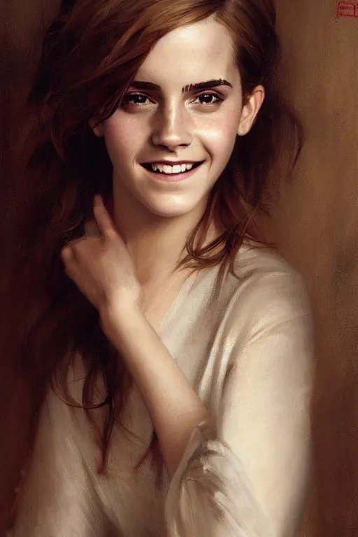 Prompt: emma watson smiling gathered faille v - neck detailed portrait painting by gaston bussiere craig mullins j. c. leyendecker photograph photorealsitic octane render