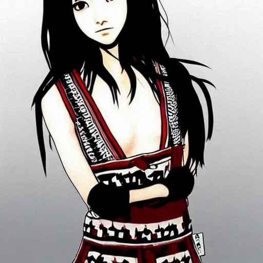 Image similar to a beautiful young japanese natalie portman alluring gravure model, anime art, wearing elegant designer overalls, elegant overalls with mesoamerican patterns, mesoamerican native street fashion, princess mononoke, painted by jamie hewlett and ashley wood, aesthetic, gorgeous, stunning, alluring, attractive, artstation, pinterest, digital art