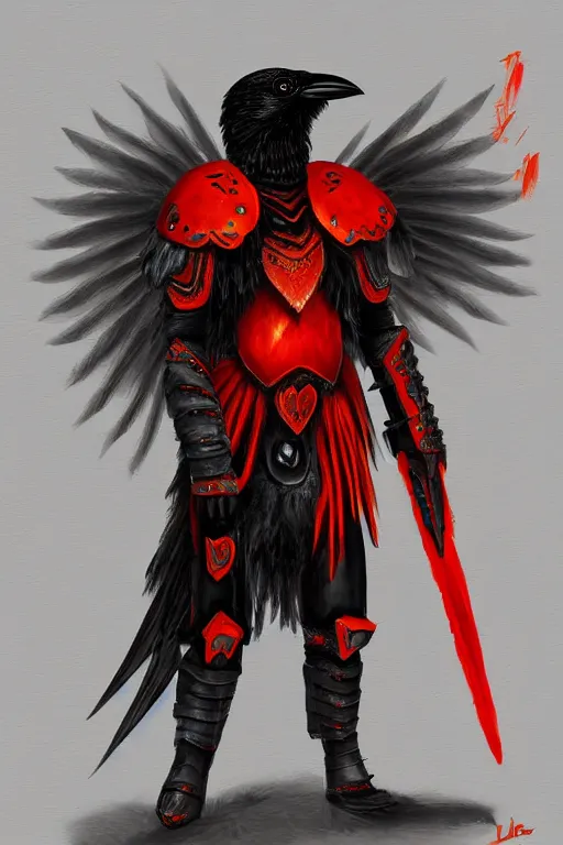 Prompt: crow warrior in heavy armor. black wings. red and orange clothes. digital painting, hd, highly detailed.