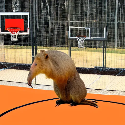 Prompt: Capybara Slam dunking a basketball