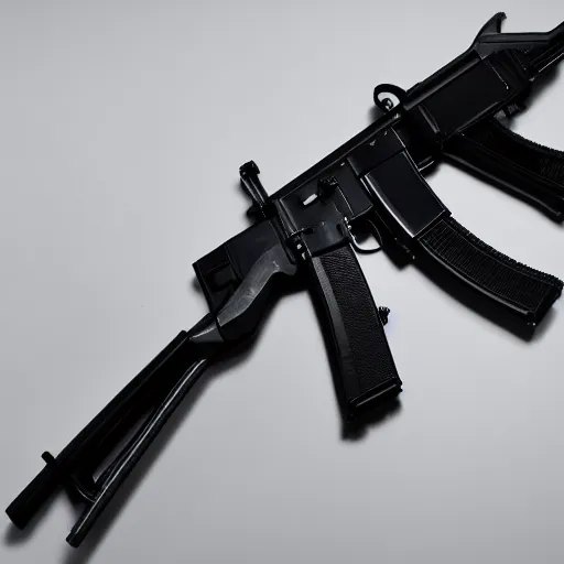 Image similar to A medium shot photograph of an AK-47 against a white background, 4k, ultra HD