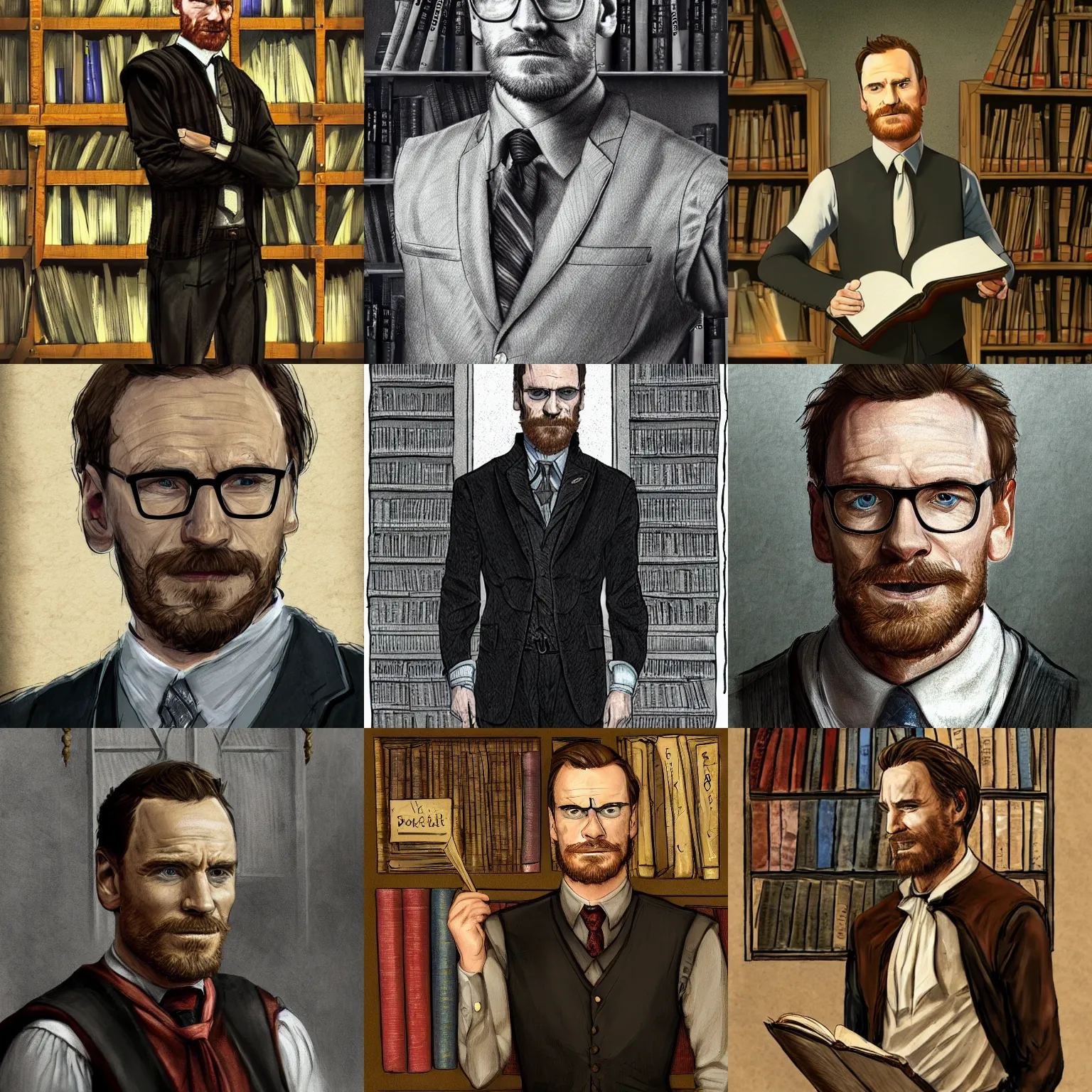 Prompt: Detailed Portrait of Michael Fassbender as a college professor with a cleanly trimmed goatee, Medieval ages, wearing a vest and a tie, standing in front of a bookshelf in his classroom, wearing reading glasses, concept art, Dungeons & Dragons