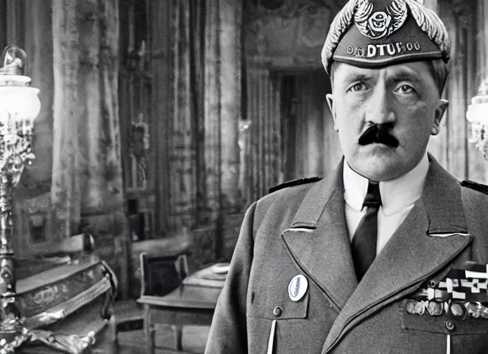 Image similar to a film still of a pompous adolf hitler in the grand budapest hotel ( 2 0 1 4 ) )