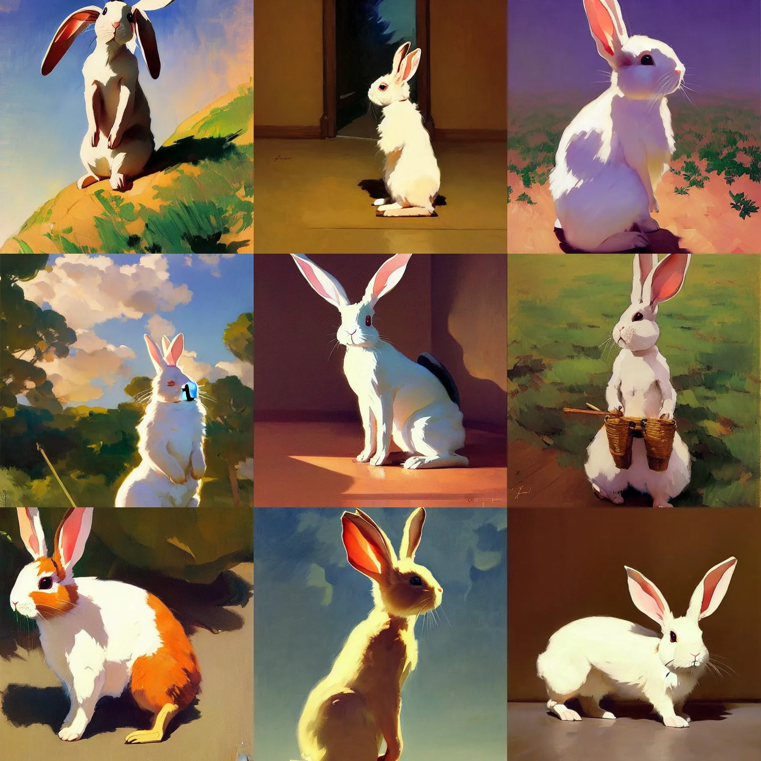 Image similar to a rabbit with ears down standing up by studio ghibli painting by joaquin sorolla rhads leyendecker an aesthetically pleasing dynamic energet