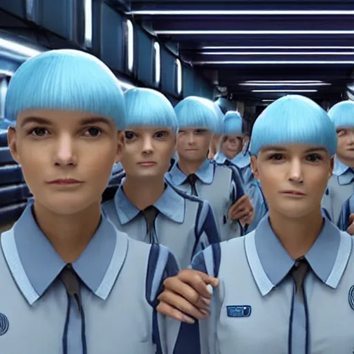 Image similar to troop 1 2 0 - year - old grannies with white bob hairdos, tight light blue neopren suits, futuristic cloning facility, sci - fi, highly detailed, cinematic