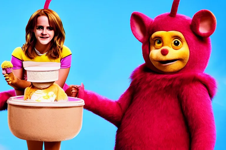 Prompt: photo, emma watson as antropomorphic furry - rat, teletubbies tinky winky, eats icecream, highly detailed, intricate details