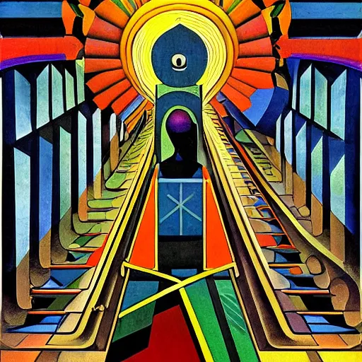 Image similar to the shaman of the subway, an art deco painting by leo and diane dillon and diego rivera, geometric designs, dramatic lighting, god rays, smooth, sharp focus, art brut, outsider art