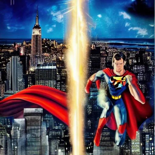 Prompt: superman vs thor infront of the empire state building. new movie poster