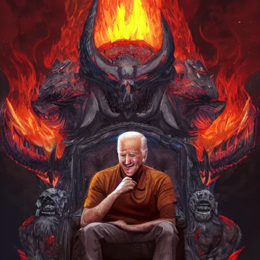 Image similar to Joe Biden sitting on a throne of skulls surrounded by fire, digital painting, highly detailed, trending on Artstation