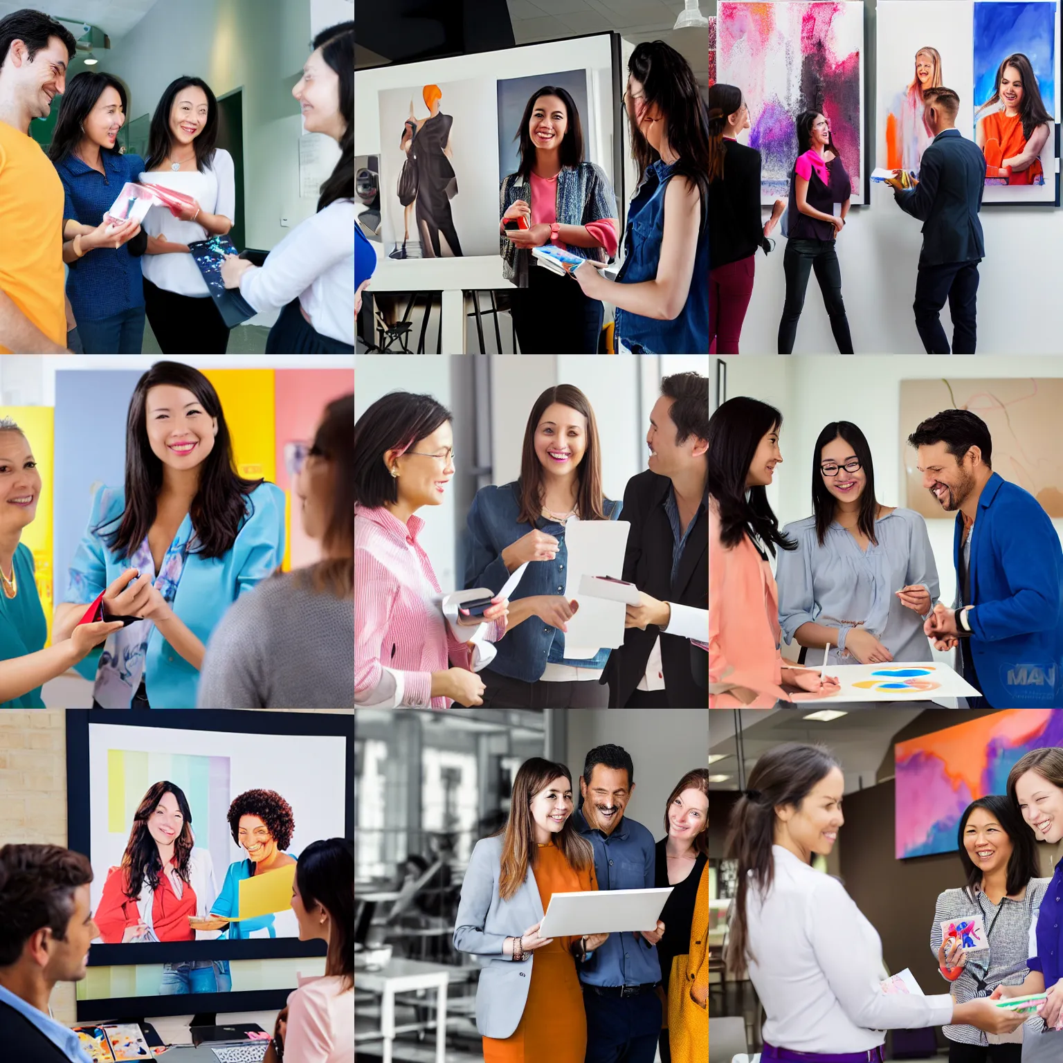 Prompt: a female marketing manager showing new artwork to a customer, the maketing manager and the customer are both smiling, positive mood, bright colors, success, professional portrait, promotional image, imax 7 0 mm footage, realistic, highly detailed