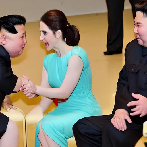 Image similar to close up shot of alison brie engaging peace talks with kim jong un at the slough corn exchange. photography, photographic