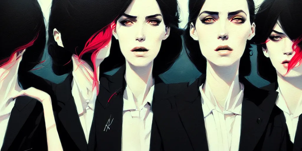 Prompt: a ultradetailed portrait painting of three women in black suits, by conrad roset, greg rutkowski and makoto shinkai trending on artstation