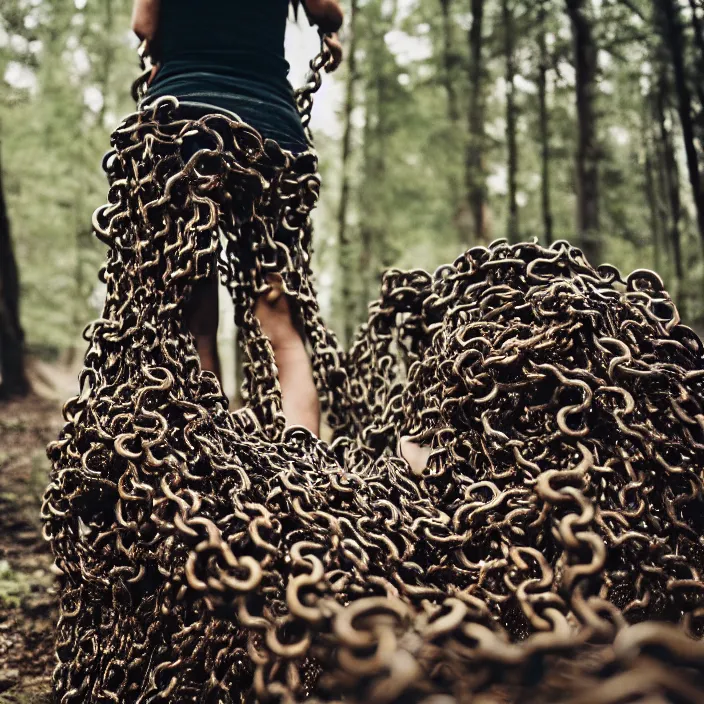 Prompt: a closeup of a woman carrying a pile of chains, in a forest, by Erik Almas, CANON Eos C300, ƒ1.8, 35mm, 8K, medium-format print