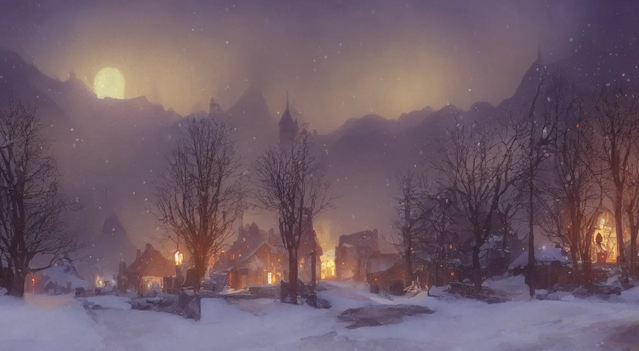 Image similar to A beautiful landscape painting of a small village in the snow at night, smoke rising from the chimneys, by Alfons Maria Mucha and Julie Dillon and Makoto Shinkai