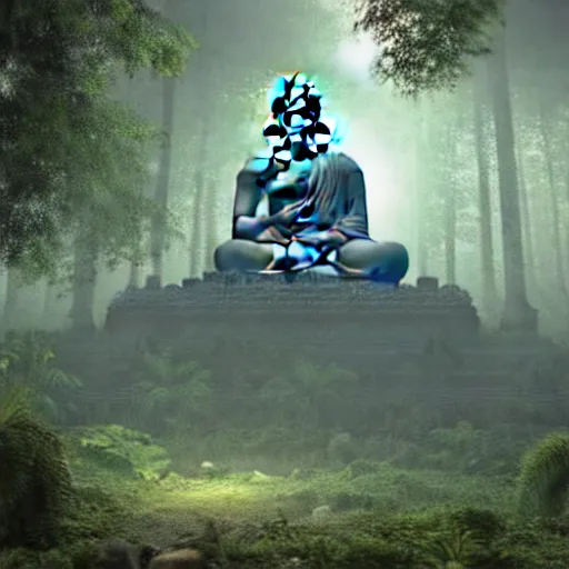 Image similar to a dramatic picture of a giant buddha in an abandoned jungle temple ruin, photorealistic, volumetric lighting, highly detailed