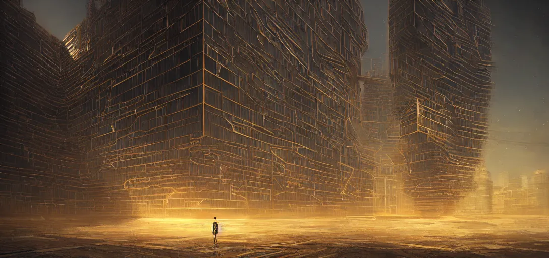 Image similar to futuristic shinny golden building in an abandoned landscape of a solarpunk city by wlop