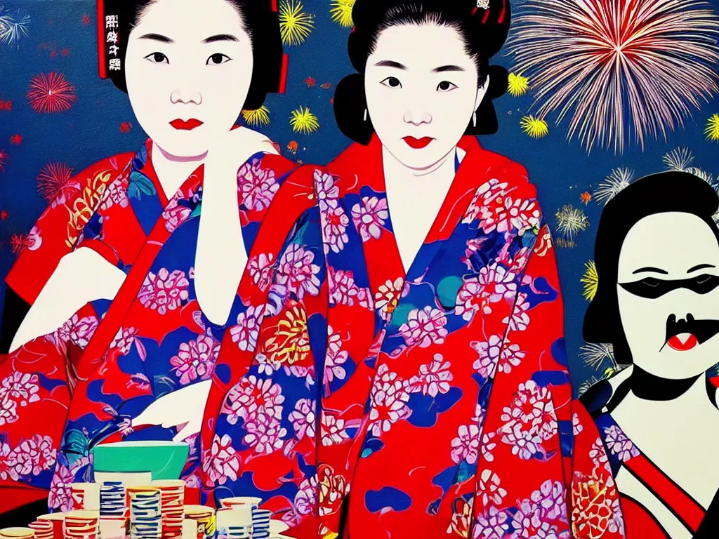 Image similar to hyperrealistic composition of the detailed woman in a japanese kimono sitting at a poker table with detailed darth vader, fireworks, mount fuji on the background, pop - art style, jacky tsai style, andy warhol style, acrylic on canvas