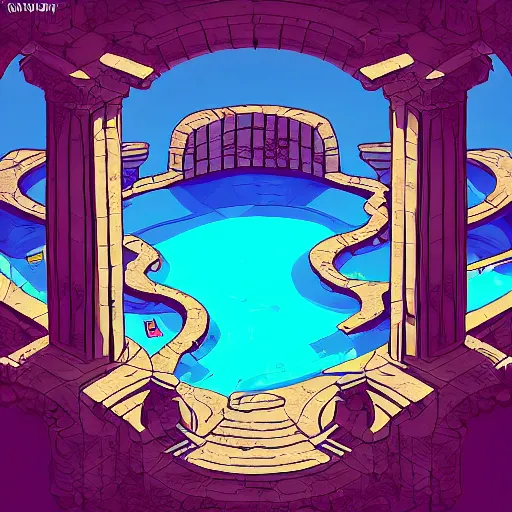 Image similar to a pool in a ancient ruins,retrowave art,trending on art station