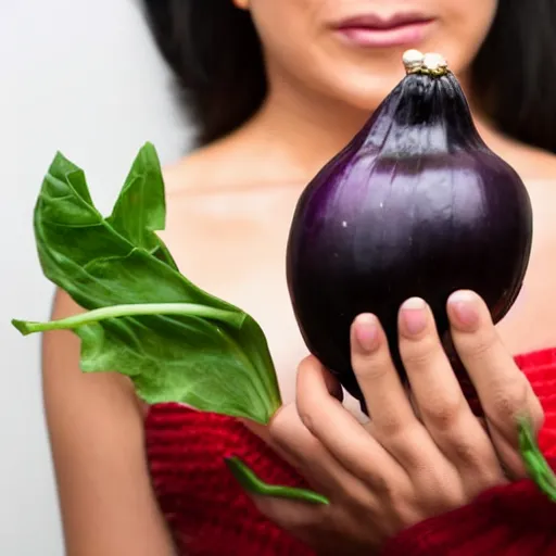 Image similar to a woman holding an eggplant emoji