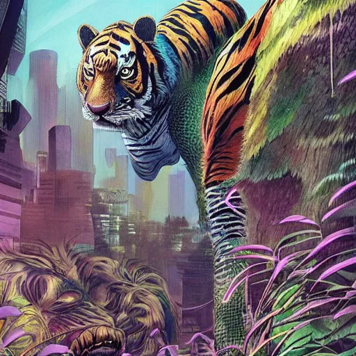 Prompt: a hybrid animal that is half alligator and half tiger in a futuristic city scape on the edge of the jungle, rule of thirds, painting style of jean giraud and moebius and don lawrence and alex ross