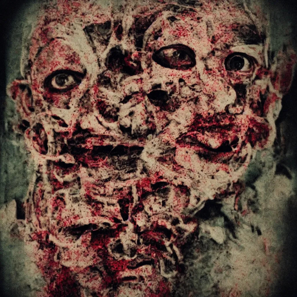 Prompt: grotesque face portrait, gore - capitalism, overlaid, color negative, ethereal, grain, analog